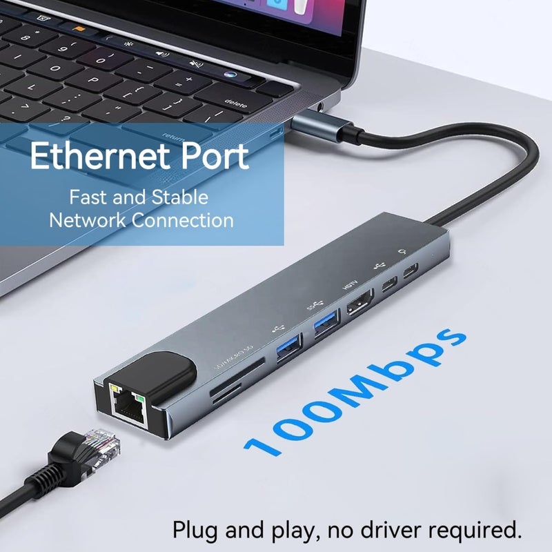 Luonanava محول متعدد المنافذ USB C، 8 في 1 USBC Dongle مع 4K HDMI، RJ45 Ethernet، شحن PD 100W، USB 3.0، قارئ بطاقات SD/TF، محطة إرساء USB-C لجهاز MacBook Pro/Air، Dell، HP وأجهزة Type C الأخرى - Image 4